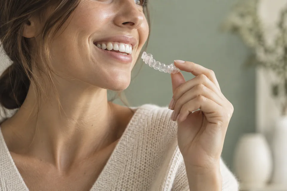 Sonrisa natural de una mujer con un alineador transparente. Imagen ilustrativa.