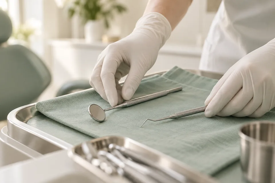 Hortz-ispilua eta zunda periodontala oihal berdearen gainean. Irudi ilustratiboa.